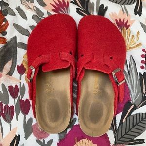 Red Wool Birkenstock Clogs